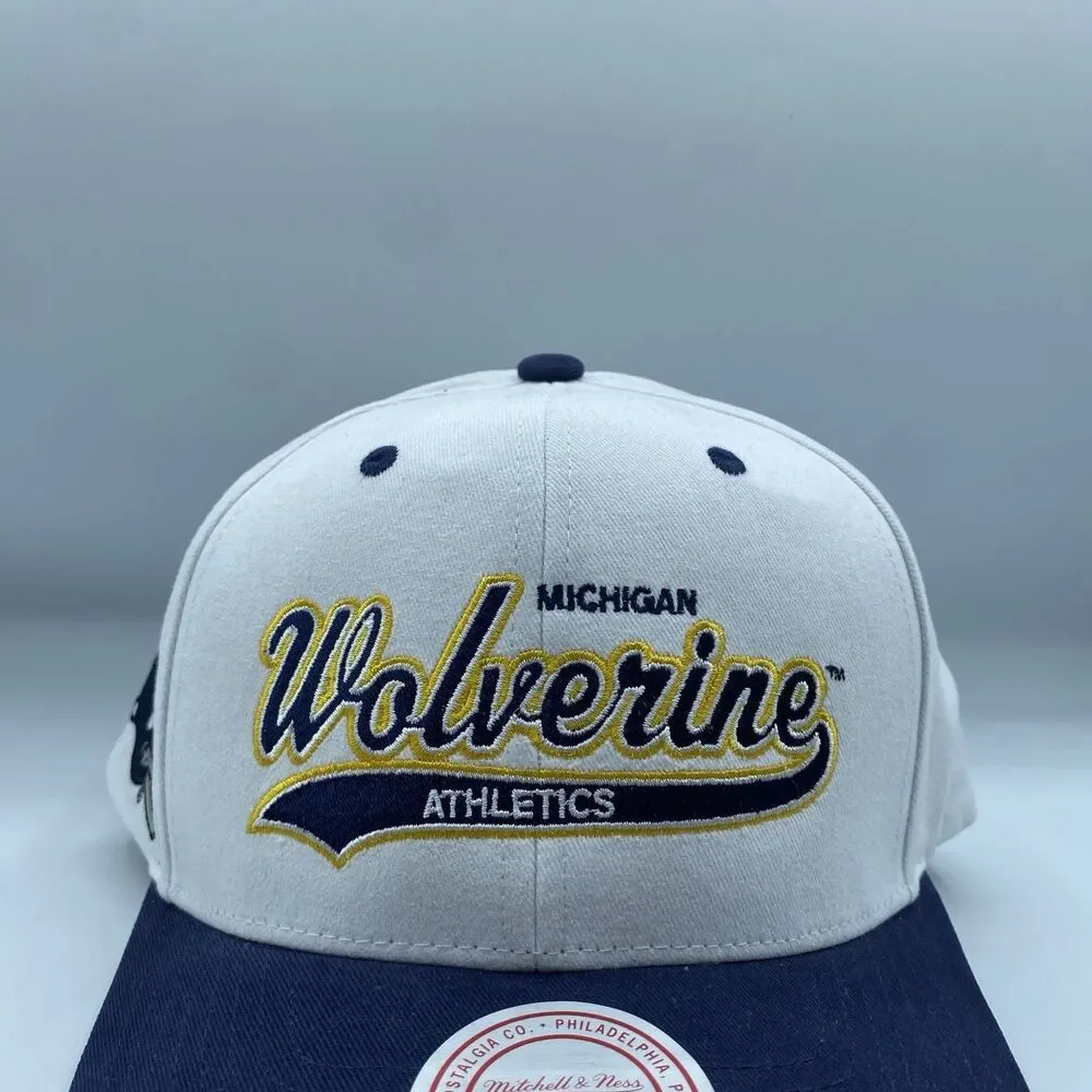 Michigan Wolverines Mitchell & Ness Hat Pro Crown Snapback White Blue NCAA NWOT